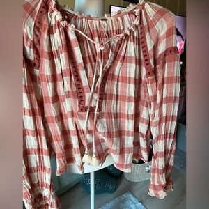 Free People  orange and Cream Textured Blouse